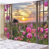 お買い得  風景タペストリー-窓の花畑吊りタペストリー壁アート大きなタペストリー壁画装飾写真背景ブランケットカーテン家寝室リビングルーム装飾
