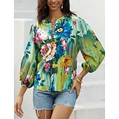 preiswerte Damen Boho Tops-Damenhemd Langarm Button-Down Bluse Alltäglich Basic Floral Knöpfe Druck Reguläre Oberteile V-Ausschnitt Lässig Urlaub Blau Grün Herbst  Winter