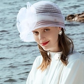 billige Festhatter-Hatter Fiber Bøttehatt Solhatt Bryllup Te Fest Elegant Bryllup Med Blomster Perledetaljer Hodeplagg Hodeplagg