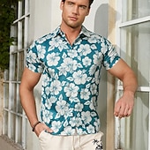cheap Home-Men&#039;s Linen Shirt Summer Shirt Casual Shirt Beach Shirt Summer Hawaiian Shirt Flower / Plants Vacation Hawaiian Blue Short Sleeve Lapel Spring &amp; Summer Clothing Apparel Print