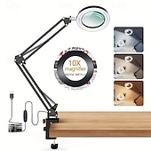 cheap Reading Lights-10X Magnifying Glass with Light Hands Free, 2-in-1 Stepless Dimmable LED Magnifying Desk Lamp with Stand, Craft Light Lamp with 3 Color Modes for Close Work Reading Repair Crafts