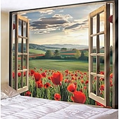 お買い得  風景タペストリー-窓の花畑吊りタペストリー壁アート大きなタペストリー壁画装飾写真背景ブランケットカーテン家寝室リビングルーム装飾