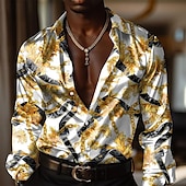 preiswerte Herren Satin Hemd-Herren Barock- Oberhemd Knopfhemd Langarm Modisch lässig Formal Urlaub Abendgesellschaft Sommer Frühling Herbst Umlegekragen Hemden mit Kragen Knopf Bedruckt Weiß Gelb
