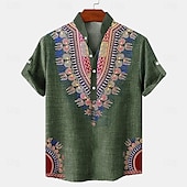 abordables Classique-Homme Chemise Lin Chemise Henley Shirt chemises rétro Chemise Vintage Chemise ethnique Ethnique Vacances du quotidien Bleu Vert Manche Courte Col Mao Eté Printemps Vêtement Tenue Imprimer