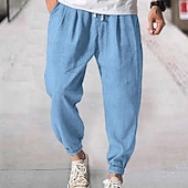 baratos Clássico-Homens Corredor Calças de linho Calças Calça verão Com Cordão Cintura elástica Tecido Conforto Respirável Diário Praia Moda Roupa de rua ダークカーキ Preto Micro-Elástica