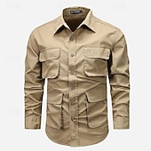 Men's Shirt Workwear Shirts Casual Shirt Work Shirt Button Up Shirt Cargo Shirt Black khaki Army Green Long Sleeve Plain Turndown Vacation Holiday Front Pocket Clothing Apparel Fashion Casual 14