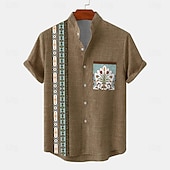 halpa Etninen malli-Miesten Paita Button Up paita Lyhythihainen Vintage Vapaa-aika Viidakko Loma Päivittäin Kesä Kevät Nauhakaulus isoisän kaulus Painettu Apila Khaki Beesi