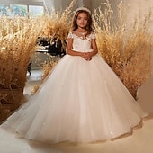 baratos Vestidos para Menina das Flores de Casamento-Vestido de Baile Comprimento do Joelho Menina das Flores Quinceanera Frozen Elsa Meninas Vestido de Prom Fofo Tule com Pregas Estilo Real Tutu Ajuste de 3-16 Anos