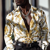 preiswerte Herren Satin Hemd-Herren Barock- Oberhemd Knopfhemd Langarm Modisch lässig Formal Urlaub Abendgesellschaft Sommer Frühling Herbst Umlegekragen Hemden mit Kragen Knopf Bedruckt Weiß Gelb