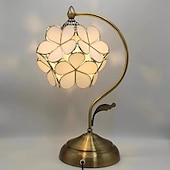 cheap Bedside Lamp-Sakura Tiffany Style Stained Glass Desk Lamp with Petal Lampshade Retro Pure Brass Base Switch Plug Decorative Desk Lamp AC100-240V Suitable for Study Bedroom Restaurant Coffee Table