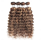 cheap 3 Bundles Human Hair Weaves-Ishow Highlight Deep Wave Bundles P4/27 Ombre Brown Human Hair Bundles 3/PCS Brazilian Remy Human Hair Extensions For Women