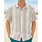 cheap Men&#039;s Button Up Shirts-Men&#039;s Shirt Summer Shirt Casual Shirt Beach Shirt Button Up Shirt Striped Shirts Blue khaki Short Sleeve Stripes Turndown Vacation Hawaiian Front Pocket Clothing Apparel Polyester Fashion Casual