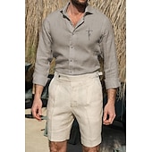 ieftine Business Casual-Bărbați Cămașă Cămașă albă din bumbac Cămașă casual Cămașă din bumbac și in Cămașă din bumbac Σταυρός Vacanță Hawaiian Negru Alb Roz Îmbujorat Gri Manșon Lung Rever Primăvara &amp; toamnă Îmbrăcăminte