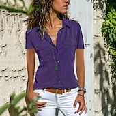 voordelige Vrouwen Werk Tops-Overhemd Blouse Dames Blozend Roze Paars Grijs Effen Zak Knop Straat Dagelijks Modieus Overhemdkraag Normale pasvorm S