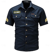 cheap Men&#039;s Western Shirts-Men&#039;s Army Work Shirt Western Shirt Button Up Shirt Short Sleeve Casual Tactical Sports &amp; Outdoor Going out Summer Spring Turndown Print Black Army Green Khaki Dark Blue Beige