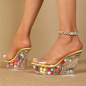 cheap Wedge Sandals-Women's Transparent Wedge Sandals – Clear High Heel Mules with Colorful Pom-Poms, Open-Toe Slip-On for Party &amp; Summer Fashion