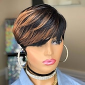 baratos Perucas capless de cabelo natural-perucas onduladas em camadas pixie pretas com marrom f1b / 30 cores perucas curtas encaracoladas sem cola peruca de corte pixie cabelo humano perucas curtas de cabelo humano para mulheres negras