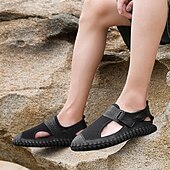 cheap Outdoor Sandals-Men&#039;s Breathable Mesh Leather Sandals – Casual Hook and Loop Outdoor Fisherman Shoes for Summer Walking and Beach Travel