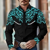economico camicie western da uomo-Per uomo Camicia Camicia Western Camicia da cowboy Manica Lunga Vintage Stile Western All&#039;aperto Streetwear Casual Quotidiano Autunno &amp; Inverno Collo ripiegato Bottoni Stampato Nero