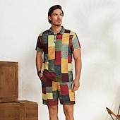 cheap Men&#039;s Color Block Polo-Men&#039;s Plaid Waffle Polo Shirts Golf Shirt Short Sleeve Polo Shirts Collared Shirts Vintage Casual Vacation Wear Formal Wear Festival Wear Buttons 3D Print Light Yellow Crystal / Orange Yellow