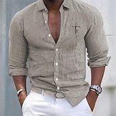 ieftine Business Casual-Bărbați Cămașă Cămașă albă din bumbac Cămașă casual Cămașă din bumbac și in Cămașă din bumbac Σταυρός Vacanță Hawaiian Negru Alb Roz Îmbujorat Gri Manșon Lung Rever Primăvara &amp; toamnă Îmbrăcăminte