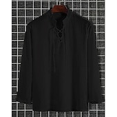 お買い得  ビジネスカジュアル-男性用 シャツ カジュアルシャツ コットンシャツ 平織り ハワイアン 祝日 ブラック ホワイト カーキ色 長袖 Band Collar 春 &amp; 秋 衣類 レースアップ