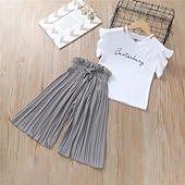 abordables Conjuntos-Conjuntos de ropa de verano para niñas, camiseta para niños + pantalones con pernera ancha, trajes para niños, ropa de manga corta para niñas