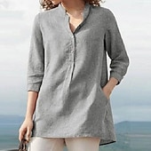 economico Camicie-Per donna Camicia Blusa Camicie di cotone e lino Semplice Casual Manica 3/4 Scollo a V Top Regolari Quotidiano Bottoni Tasca Bianco Rosa Blu Reale Grigio Primavera &amp; Estate