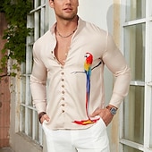 voordelige Vogels &amp; Dieren-Voor heren Papegaai Overhemd Hawaiiaans overhemd Aloha-shirt Lange mouw Overhemd Opstaand Modieus Ontwerper Casual Buiten Vakantie Straat Wit blauw Blauw / Wit S M L