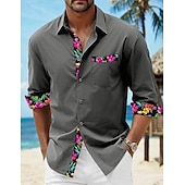voordelige Vakantie-Voor heren Overhemd linnen overhemd Zomer overhemd Strand Kleding Overhemd met knopen Bloemig Vakantie Curise Zwart Wit Blozend Roze blauw Lange mouw Revers Lente &amp; Herfst Kleding Splits