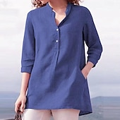 economico Camicie-Per donna Camicia Blusa Camicie di cotone e lino Semplice Casual Manica 3/4 Scollo a V Top Regolari Quotidiano Bottoni Tasca Bianco Rosa Blu Reale Grigio Primavera &amp; Estate