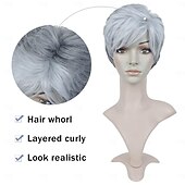 baratos peruca mais velha-perucas cinza curtas perucas de corte pixie com franja branca perucas de cabelo sintético em camadas retas para mulheres (cinza misturado branco com franja branca)