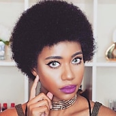 abordables Perruques sans bonnet-Afro crépus bouclés frange perruque pour femmes afro coupe de lutin courte perruque de cheveux humains doux bouclés perruque afro naturel à la recherche d&#039;un usage quotidien