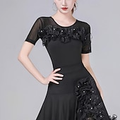 お買い得  ラテンダンスウェア-ラテンダンス ボールルームダンス 上着 ピュアカラー ラッフル スプライシング 女性用 性能 訓練 半袖 ハイウエスト ポリエステル