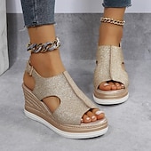 cheap Casual Sandals-Women&#039;s Glitter Wedge Sandals – Open-Toe Design with Cut-Out Details, Adjustable Strap, and Platform Sole, Perfect for Summer Parties and Casual Outings