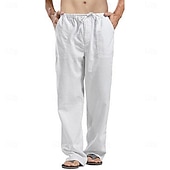 cheap Classic-Men&#039;s Linen Pants Trousers Summer Pants Beach Pants Pocket Drawstring Elastic Waistband Plain Comfort Breathable Full Length Daily Streetwear Fashion Casual / Sporty Loose Fit Dark Khaki Black