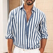 preiswerte Business Casual-Herren Hemd Weißes Baumwollhemd Freizeithemd Baumwoll-Leinen-Hemd Gestreifte Hemden Gestreift Urlaub Hawaiianisch Schwarz Rosa Rote Marineblau Langarm Umlegekragen Frühling &amp; Herbst Bekleidung
