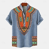 cheap Classic-Men&#039;s Linen Shirt Henley Shirt Retro Shirts Vintage Shirt Ethnic Shirt Ethnic Vacation Daily Blue Green Khaki Short Sleeve Mandarin Collar Summer Spring Clothing Apparel Print