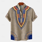 tanie Klasyczny-Męskie lniana koszula Koszula Henley koszule w stylu retro Koszula w stylu vintage Koszula etniczna Urlop Codzienny Zielony Khaki Beżowy Krótki rękaw Kołnierzyk chiński Lato Wiosna Odzież Druk 3D