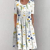 tanie kwiatowa sukienka-Sukienka midi dla kobiet Sukienka casual Sukienka Shift Sukienka kwiatowa Sukienka z marszczeniem Kieszeń Okrągły dekolt Elegancka Casual Codzienna Wakacje Krótki rękaw Lato Wiosna