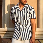economico camicia da uomo con bottoni-Per uomo Camicia Camicia Estiva Camicia casual Camicia con colletto cubano Camicia con Bottoni Camicia con collo camp Nero Blu Manica Corta A righe Collo ripiegato Stampa 3D Ferie Righe Abbigliamento