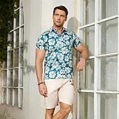 cheap Home-Men&#039;s Linen Shirt Summer Shirt Casual Shirt Beach Shirt Summer Hawaiian Shirt Flower / Plants Vacation Hawaiian Blue Short Sleeve Lapel Spring &amp; Summer Clothing Apparel Print