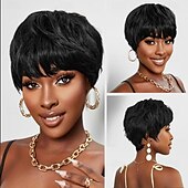 cheap Human Hair Capless Wigs-Short Black Layered Wavy Wigs for Women 1B Color Human Hair Short Wigs Pixie Cut Wigs with Bangs