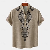 cheap Classic-Men&#039;s Linen Shirt Henley Shirt Retro Shirts Vintage Shirt Ethnic Shirt Ethnic Vacation Daily Green Khaki Beige Short Sleeve Mandarin Collar Summer Spring Clothing Apparel Print