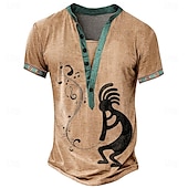 cheap Ethnic Style-Men&#039;s Tribal Bandana Print T shirt Henley Shirt Short Sleeve 3D Print Vacation Tropical Fashion Vacation Casual Daily Summer Spring Yellow Brown Khaki Henley Henley T-Shirt