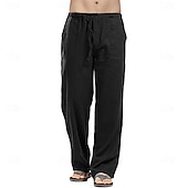 cheap Classic-Men&#039;s Linen Pants Trousers Summer Pants Beach Pants Pocket Drawstring Elastic Waistband Plain Comfort Breathable Full Length Daily Streetwear Fashion Casual / Sporty Loose Fit Dark Khaki Black