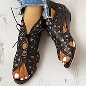 cheap Vacation Sandals-Women&#039;s Black Cut-Out Lace-Up Sandals - Stylish Wedge Heels with Geometric Patterns for Fashionable Summer Outfits