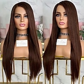 abordables Perruques à dentelle frontale-Perruque Cheveux vierges non transformés 13x4 devant en dentelle Cheveux Brésiliens Droit soyeux Marron Auburn Partie libre Femme Densité 130% 150% avec des cheveux de bébé Ligne de Cheveux Naturelle