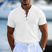 cheap Casual Henley Tee-Men&#039;s Henley Shirt Short Sleeve Shirt Ribbed Knit tee Tee Top Short Sleeve Solid Color Daily Hawaiian Buttons Henley Outdoor Street Causal Summer Light Blue White Brown Henley T-Shirt