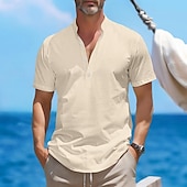 preiswerte Urlaub-Herren Hemd leinenhemd Hemd mit Stehkragen Popover-Shirt Sommerhemd Strandhemd Glatt Urlaub Curise Schwarz Weiß Rosa Grün Kurzarm Henley Sommer Bekleidung